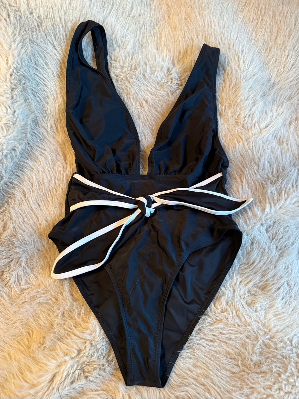 Black One-Piece Swimsuit with White Belt